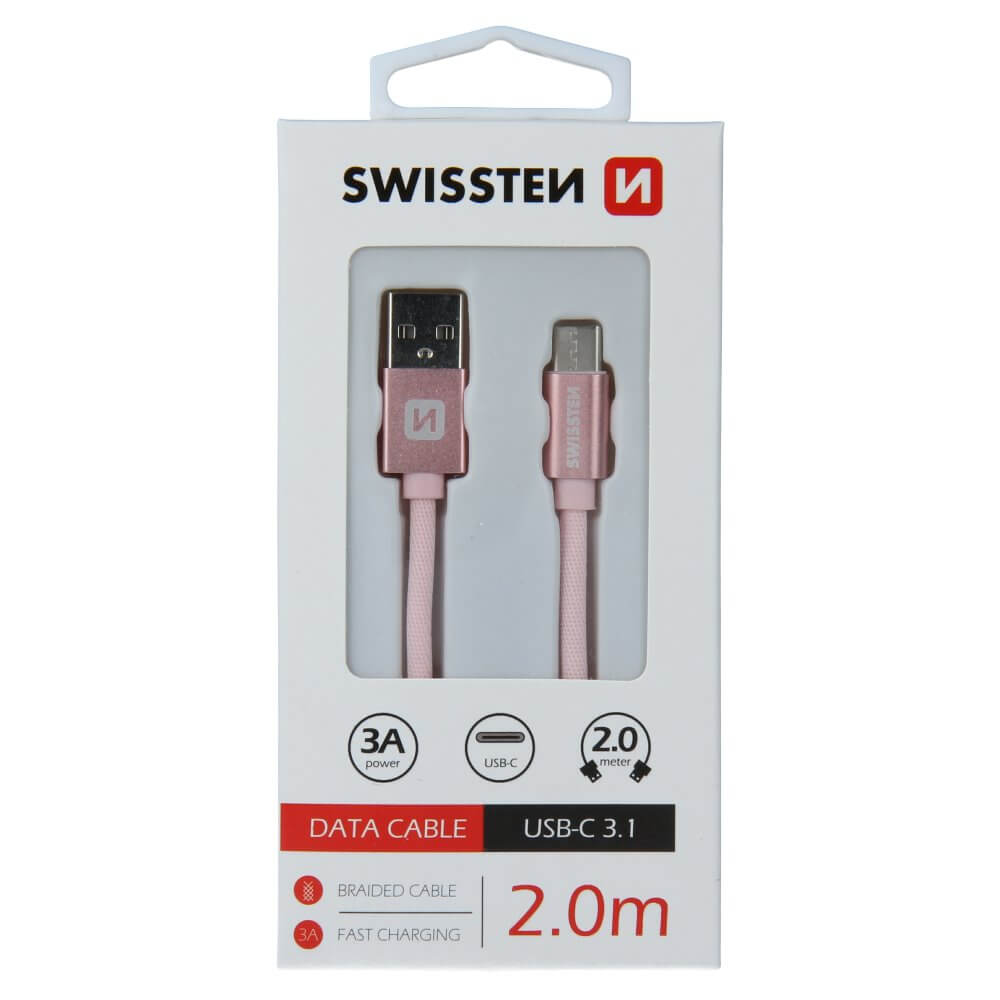 Textilný dátový kábel Swissten USB / USB-C 2,0 M - ružovo-zlatý